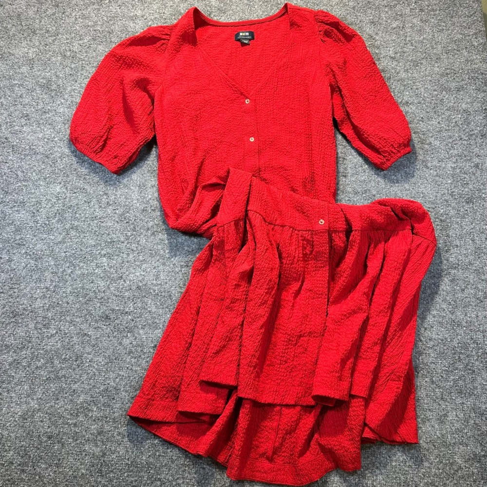 Maeve Dress Women Medium Red Seersucker Tiered Midi Puff Sleeve Cottagecore